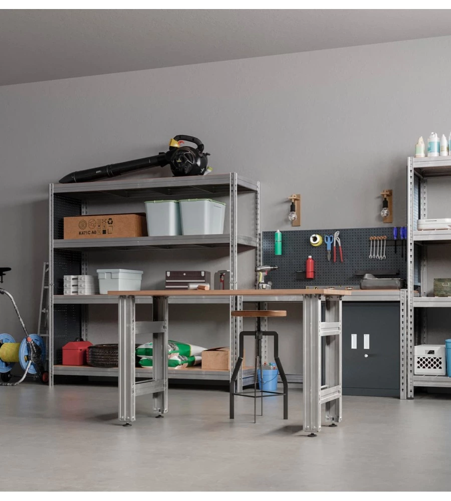 BANCO DA LAVORO CON STRUTTURA IN ACCIAIO E PIANO IN LEGNO MASSICCIO, 150X60X90 CM