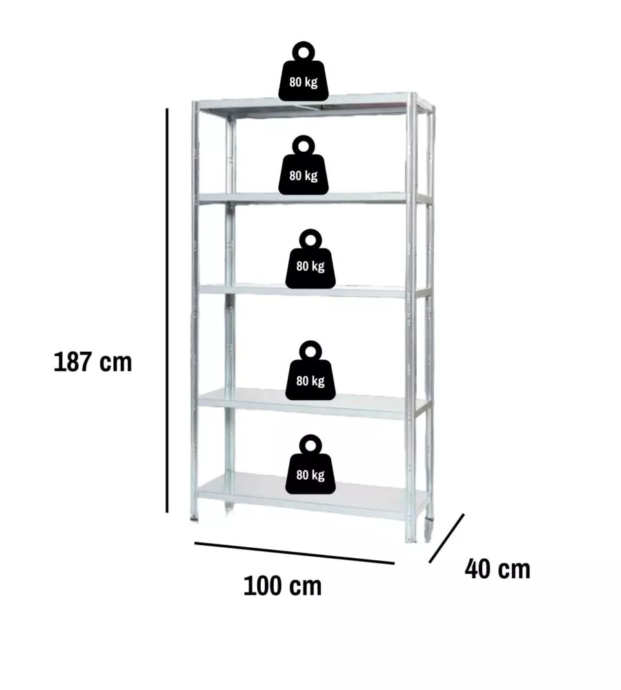SCAFFALE IN METALLO 5 RIPIANI EASY SYSTEM PORTATA 400 KG 100X40X187 CM