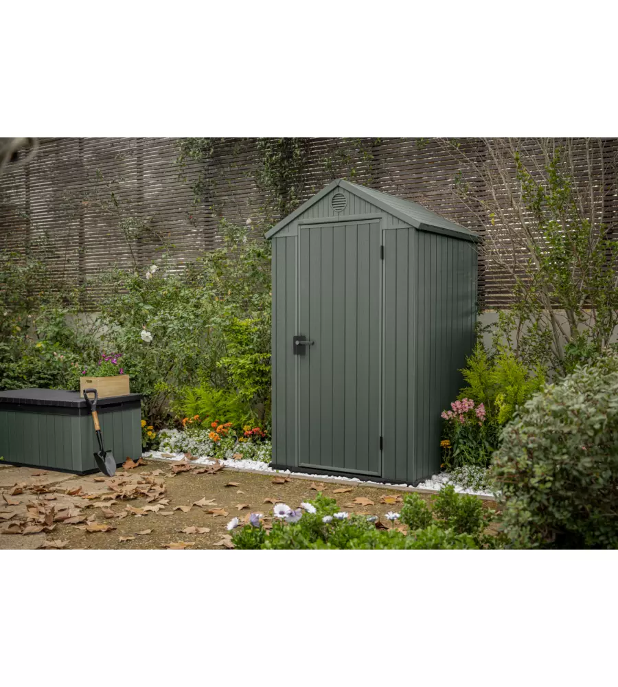 CASETTA DA GIARDINO KETER "DARWIN 4x4" IN EVOTECH+ COLORE VERDE CON PORTA BATTENTE SINGOLA 123,8X117X205,1 CM
