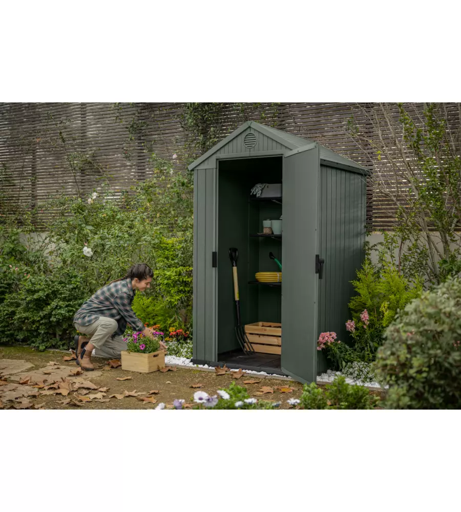 CASETTA DA GIARDINO KETER "DARWIN 4x4" IN EVOTECH+ COLORE VERDE CON PORTA BATTENTE SINGOLA 123,8X117X205,1 CM