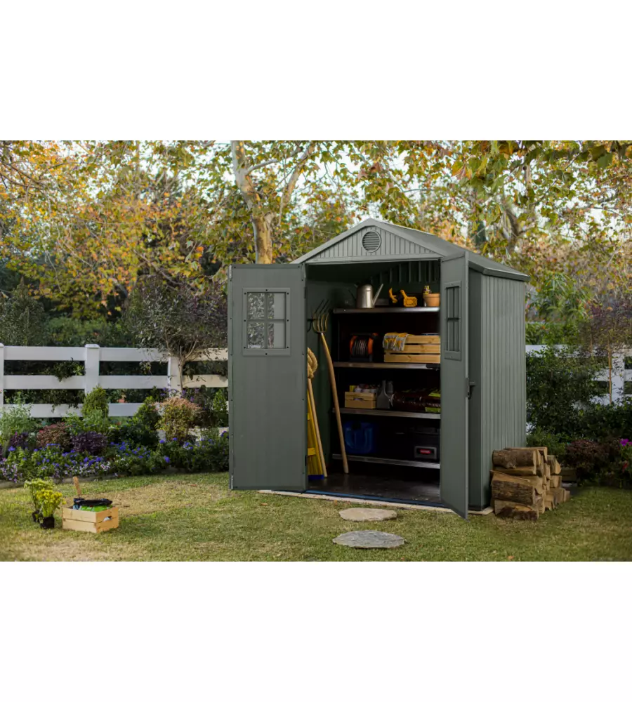CASETTA DA GIARDINO KETER "DARWIN 6x4" IN EVOTECH+ COLORE VERDE CON PORTA BATTENTE DOPPIA 190X122X221 CM