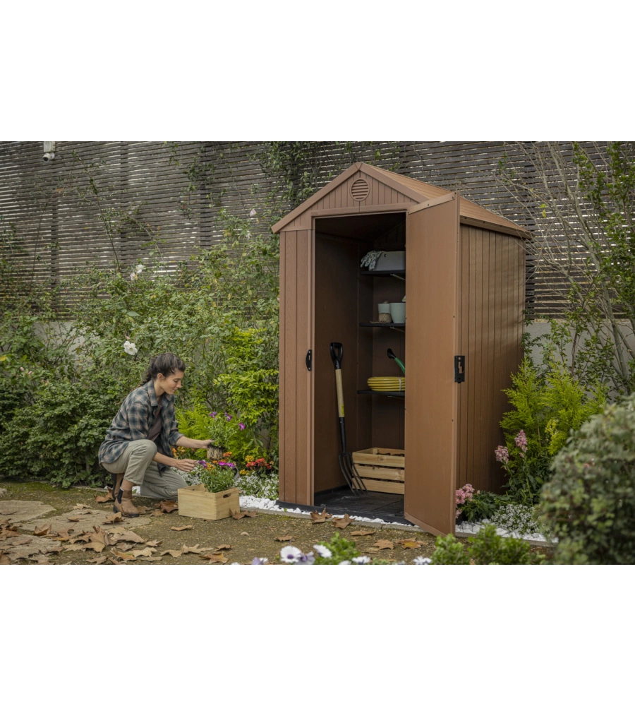 CASETTA DA GIARDINO KETER "DARWIN 4x4" IN EVOTECH+ COLORE MARRONE CON PORTA BATTENTE SINGOLA 123,8X117X205,1 CM