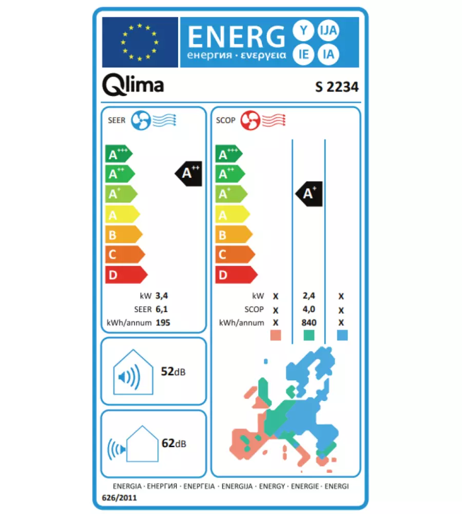 CLIMATIZZATORE A PARETE QLIMA POMPA DI CALORE "S 2234" UNITÀ ESTERNA ED INTERNA 3 FUNZIONI IN 1