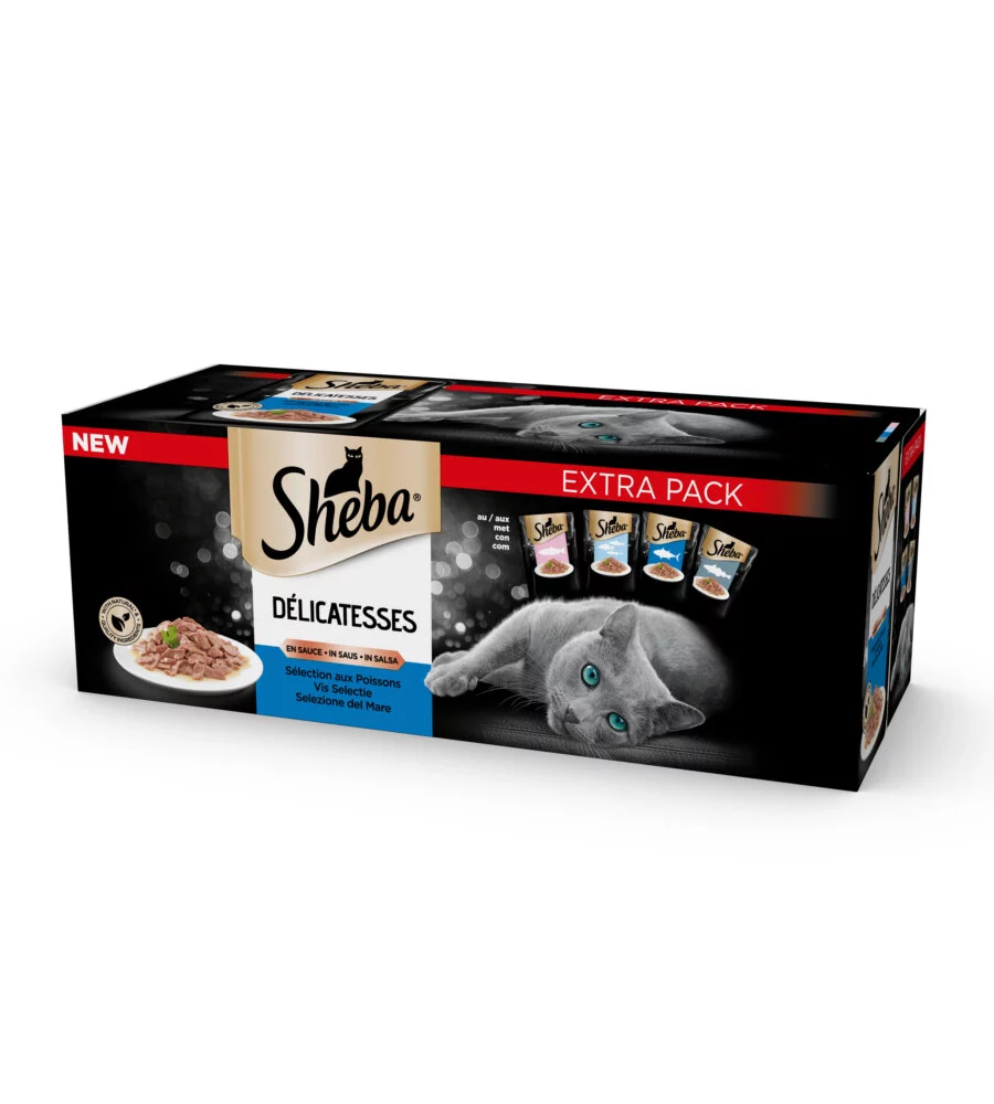 CIBO UMIDO PER GATTI SHEBA "DELICATEZZE DI MARE" ADULTO CON SALMONE, PESCE BIANCO, TONNO E MERLUZZO 40X85 GR