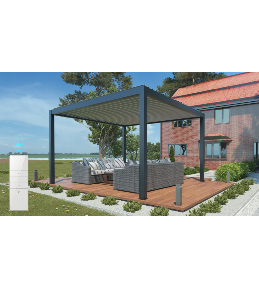 PERGOLA BIOCLIMATICA MOTORIZZATA RIVIERA "BOUGANVILLE" IN ALLUMINIO ANTRACITE 400X400X250 CM