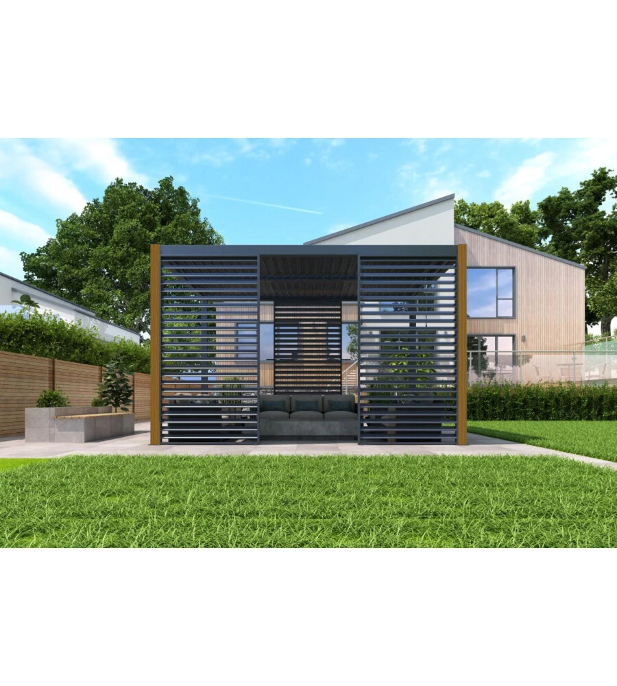 PERGOLA BIOCLIMATICA RIVIERA "CALICANTUS WOOD" IN ALLUMINIO EFFETTO LEGNO CON LED 400X300X250 CM