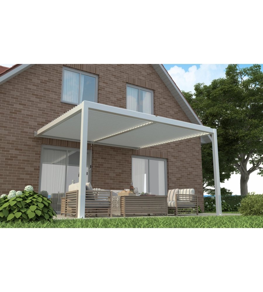 PERGOLA BIOCLIMATICA ADDOSSATA RIVIERA "CALICANTUS WALL" IN ALLUMINIO BIANCO CON LED 400X300X230/245 CM