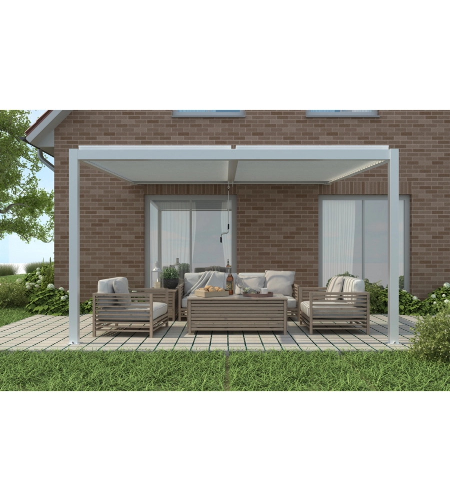 PERGOLA BIOCLIMATICA ADDOSSATA RIVIERA "CALICANTUS WALL" IN ALLUMINIO BIANCO CON LED 400X300X230/245 CM