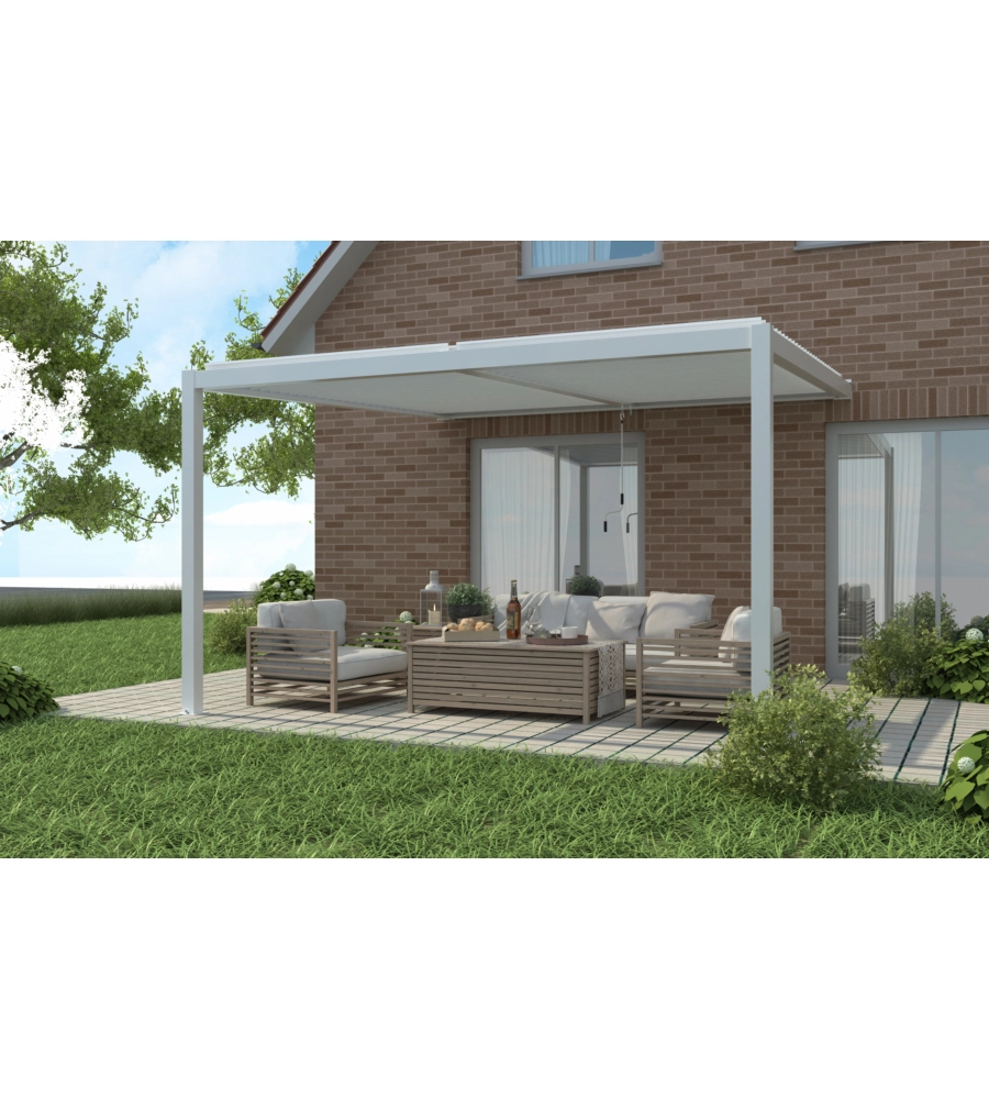 PERGOLA BIOCLIMATICA ADDOSSATA RIVIERA "CALICANTUS WALL" IN ALLUMINIO BIANCO CON LED 400X300X230/245 CM