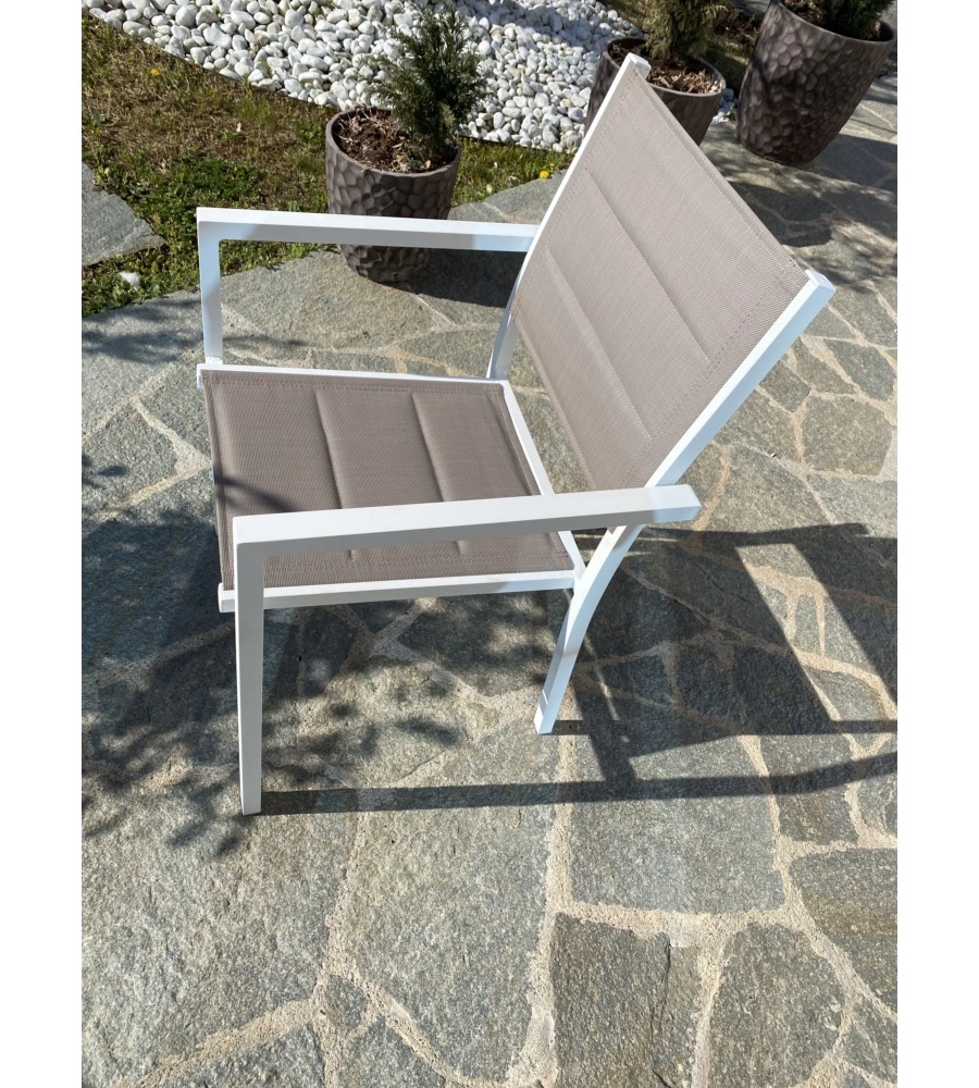 SET 6 SEDIE DA ESTERNO CON BRACCIOLI E IMPILABILI RIVIERA "AZALEA" IN ALLUMINIO BIANCO E TORTORA 56,5X60X90 CM