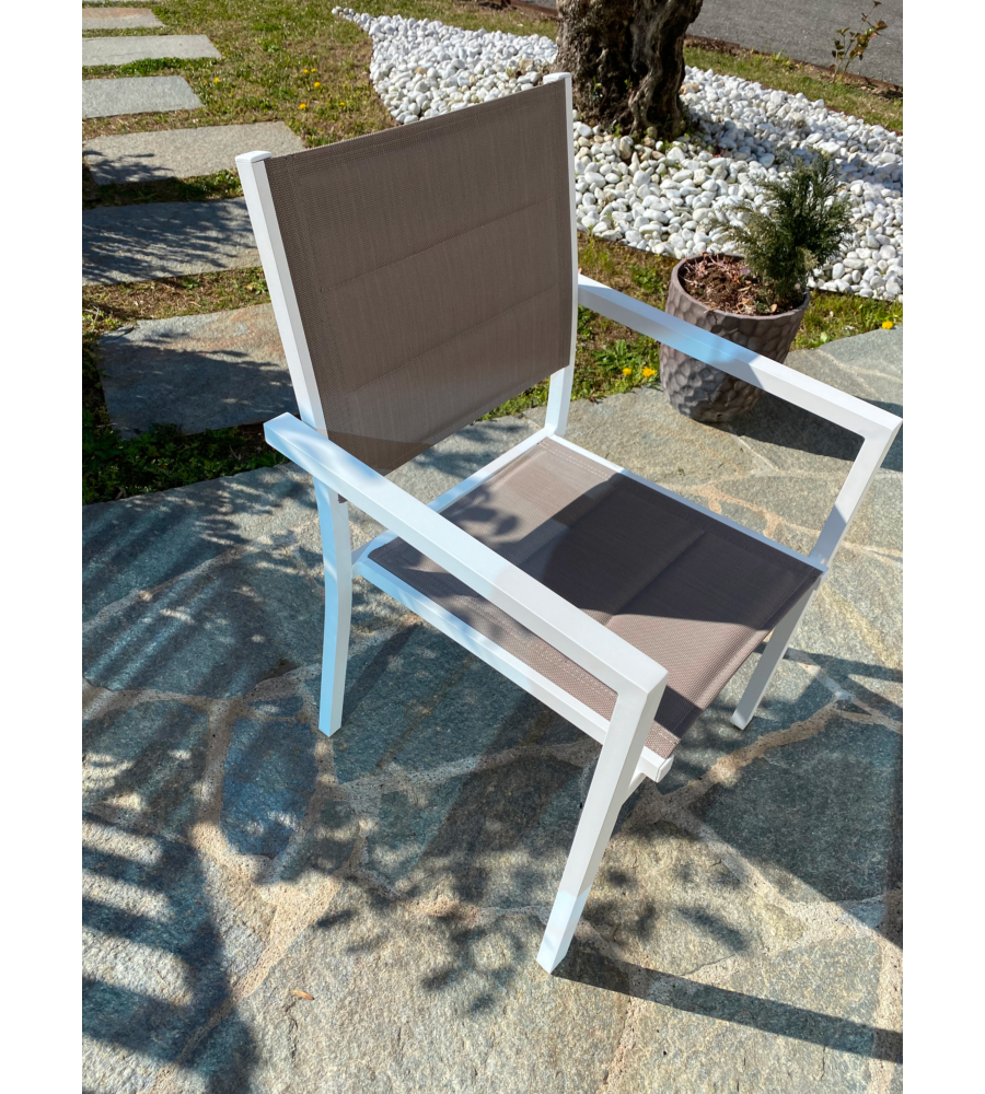SET 6 SEDIE DA ESTERNO CON BRACCIOLI E IMPILABILI RIVIERA "AZALEA" IN ALLUMINIO BIANCO E TORTORA 56,5X60X90 CM