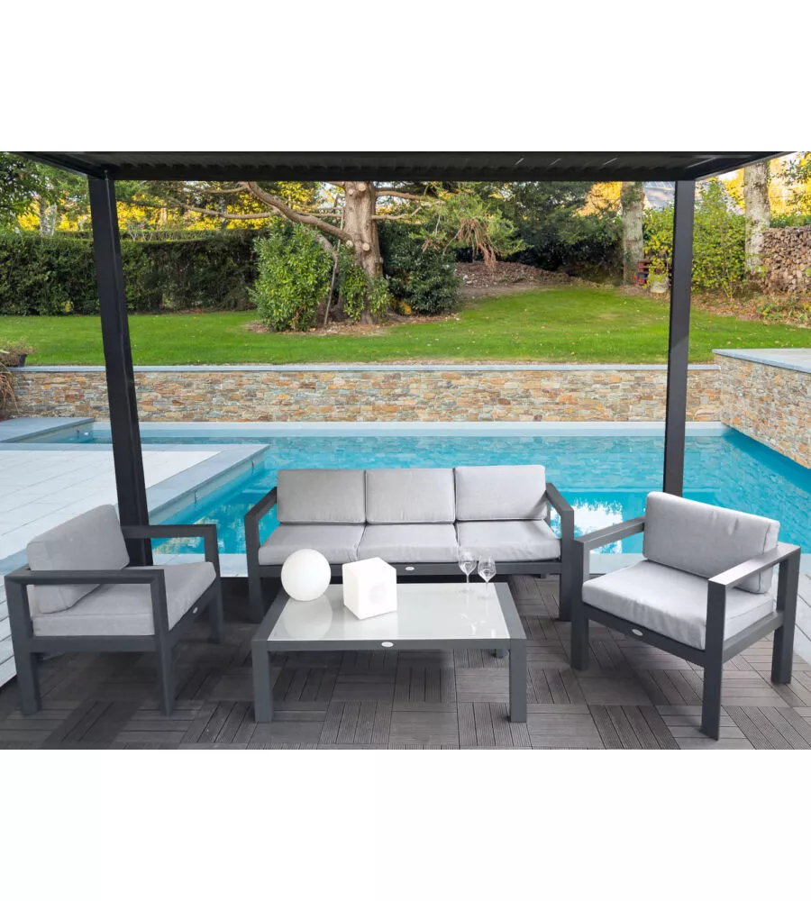SET DA GIARDINO RIVIERA "HIBISCUS" IN ALLUMINIO ANTRACITE E GRIGIO CHIARO, 5 SEDUTE E UN TAVOLINO