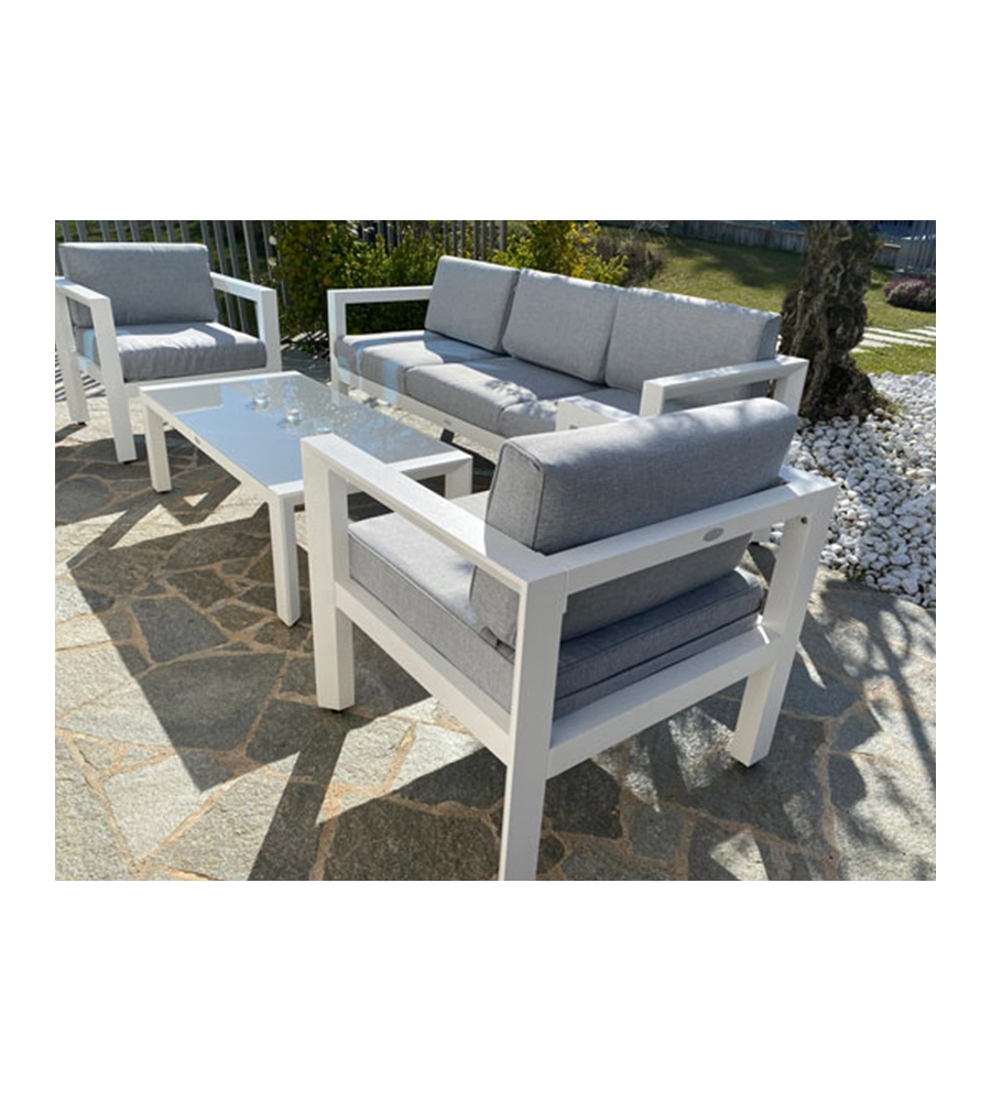 SET DA GIARDINO RIVIERA "HIBISCUS" IN ALLUMINIO BIANCO E GRIGIO CHIARO, 5 SEDUTE E UN TAVOLINO