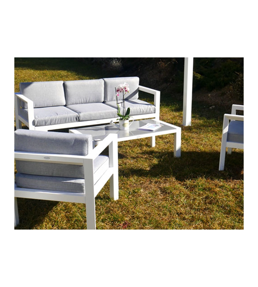 SET DA GIARDINO RIVIERA "HIBISCUS" IN ALLUMINIO BIANCO E GRIGIO CHIARO, 5 SEDUTE E UN TAVOLINO