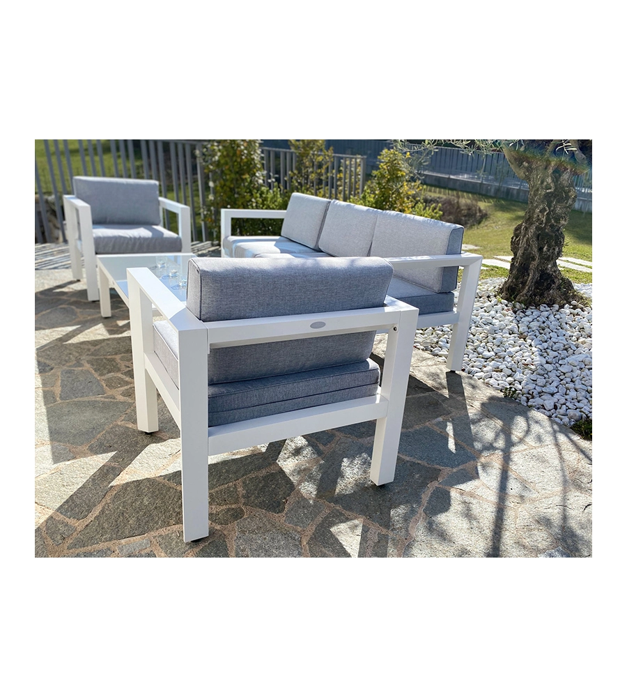 SET DA GIARDINO RIVIERA "HIBISCUS" IN ALLUMINIO BIANCO E GRIGIO CHIARO, 5 SEDUTE E UN TAVOLINO