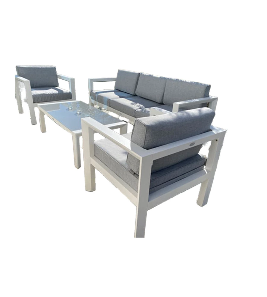 SET DA GIARDINO RIVIERA "HIBISCUS" IN ALLUMINIO BIANCO E GRIGIO CHIARO, 5 SEDUTE E UN TAVOLINO
