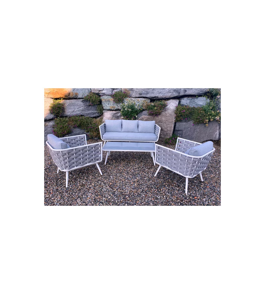 SET DA GIARDINO RIVIERA "BUCANEVE" IN ALLUMINIO COLORE BIANCO E GRIGIO, 4 SEDUTE E UN TAVOLINO