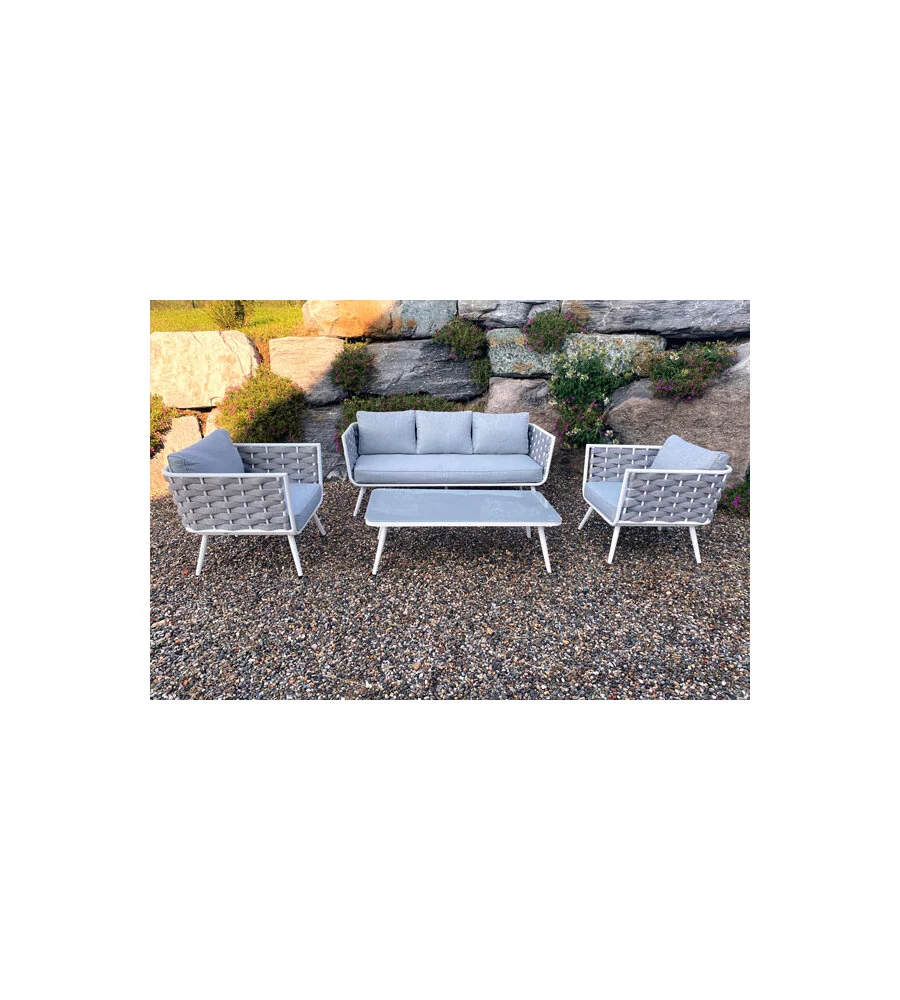 SET DA GIARDINO RIVIERA "BUCANEVE" IN ALLUMINIO COLORE BIANCO E GRIGIO, 4 SEDUTE E UN TAVOLINO