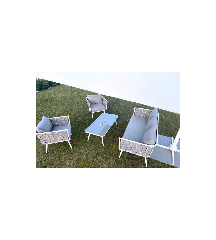 SET DA GIARDINO RIVIERA "BUCANEVE" IN ALLUMINIO COLORE BIANCO E GRIGIO, 4 SEDUTE E UN TAVOLINO
