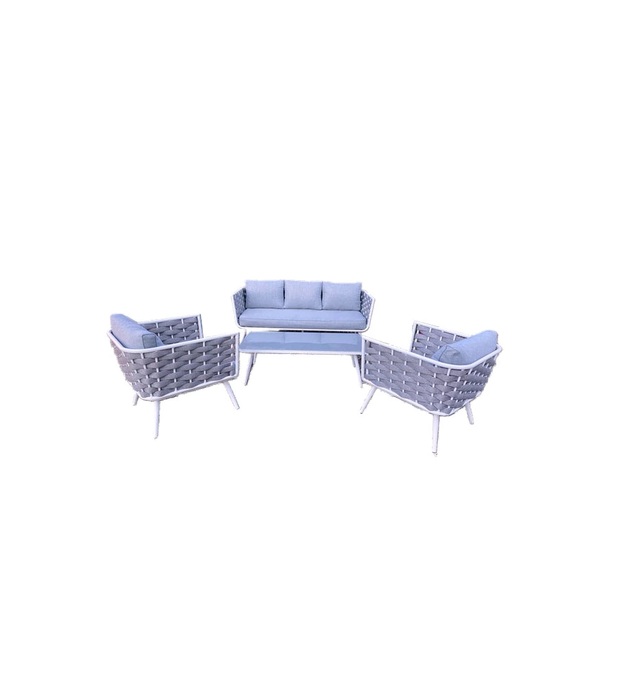 SET DA GIARDINO RIVIERA "BUCANEVE" IN ALLUMINIO COLORE BIANCO E GRIGIO, 4 SEDUTE E UN TAVOLINO