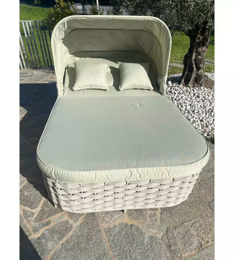 LETTINO DA GIARDINO RECLINABILE CON PARASOLE A DUE POSTI RIVIERA "AGAPANTHUS" TORTORA E VERDE 217X127X55/66 CM
