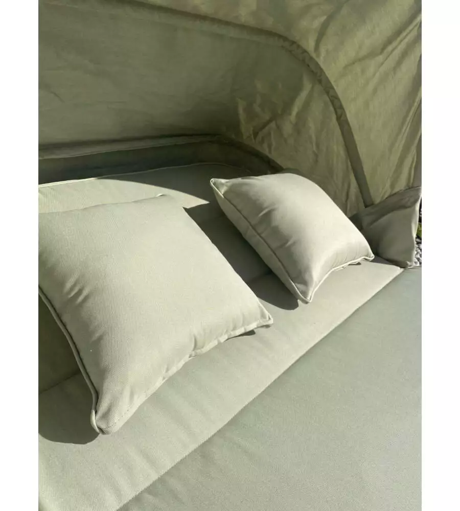 LETTINO DA GIARDINO RECLINABILE CON PARASOLE A DUE POSTI RIVIERA "AGAPANTHUS" TORTORA E VERDE 217X127X55/66 CM