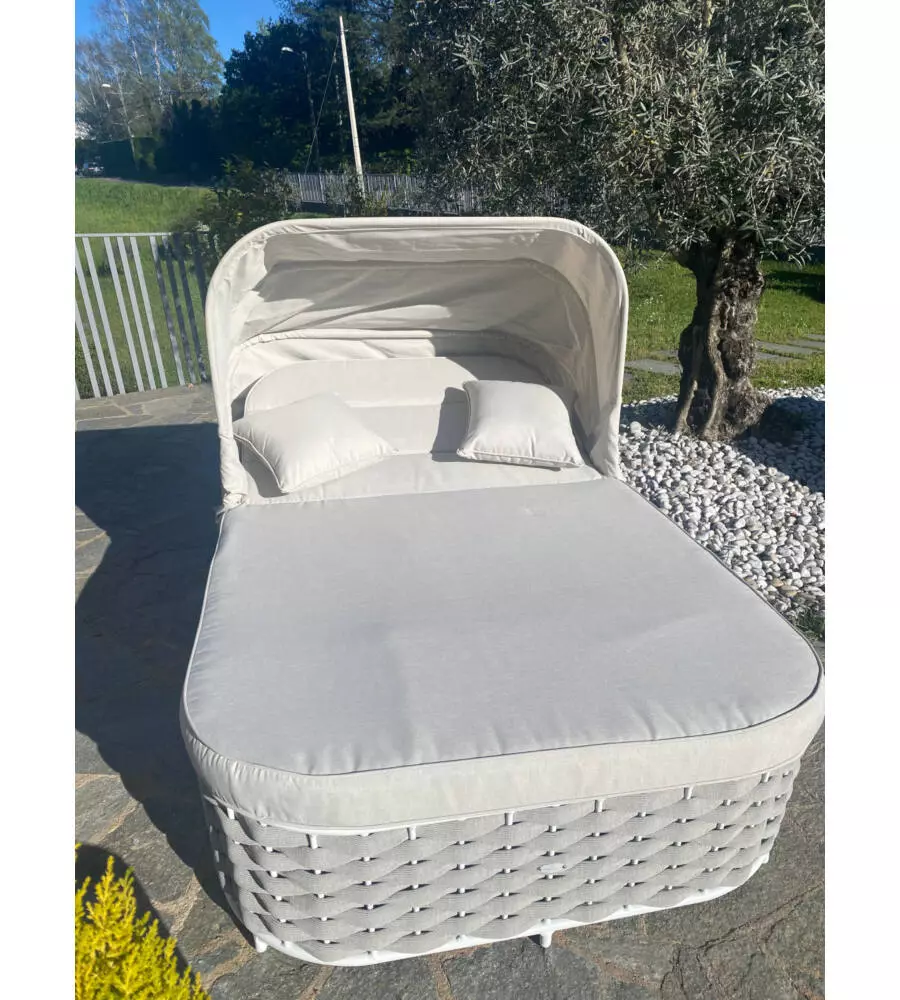 LETTINO DA GIARDINO RECLINABILE CON PARASOLE A DUE POSTI RIVIERA "AGAPANTHUS"" BIANCO E GRIGIO 217X127X55/66 CM