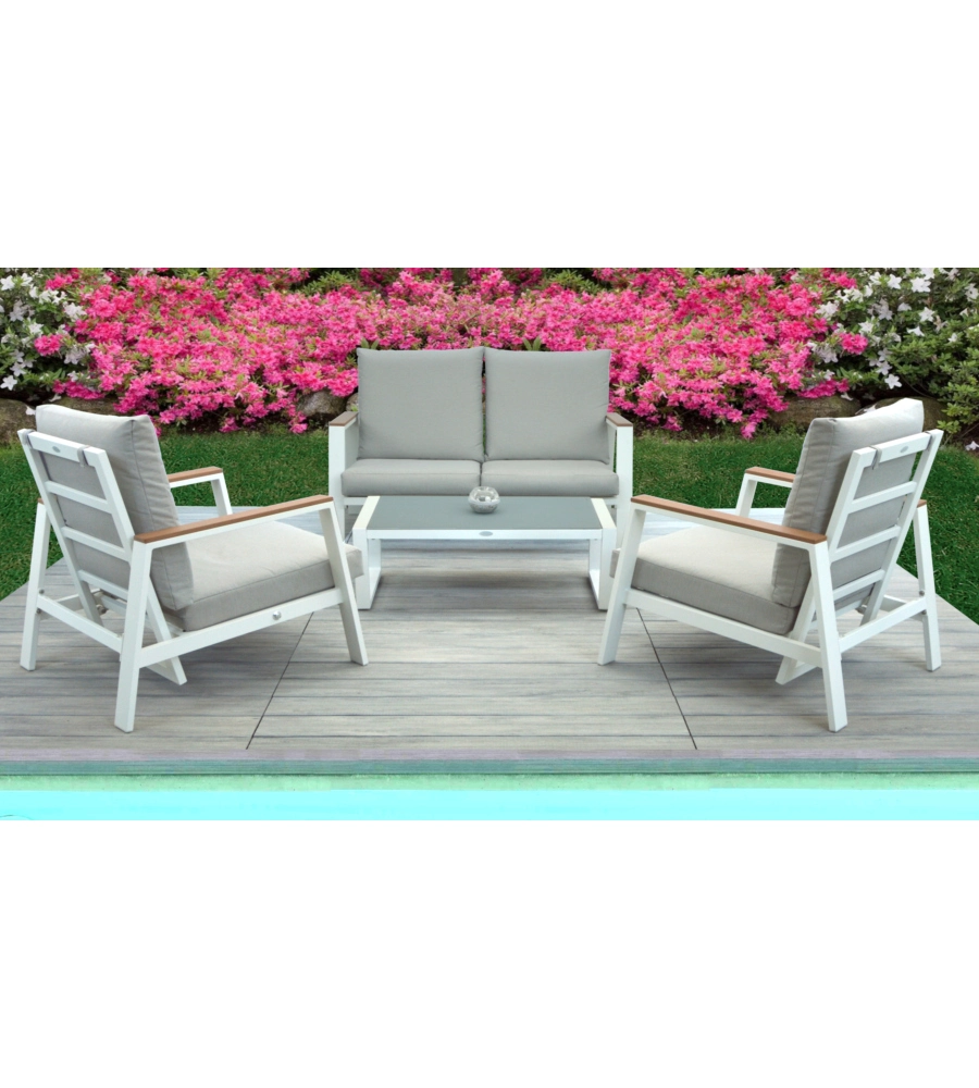 SET DA GIARDINO RIVIERA "NINFEA" IN ALLUMINIO COLORE BIANCO GRIGIO CHIARO, 4 SEDUTE E UN TAVOLINO