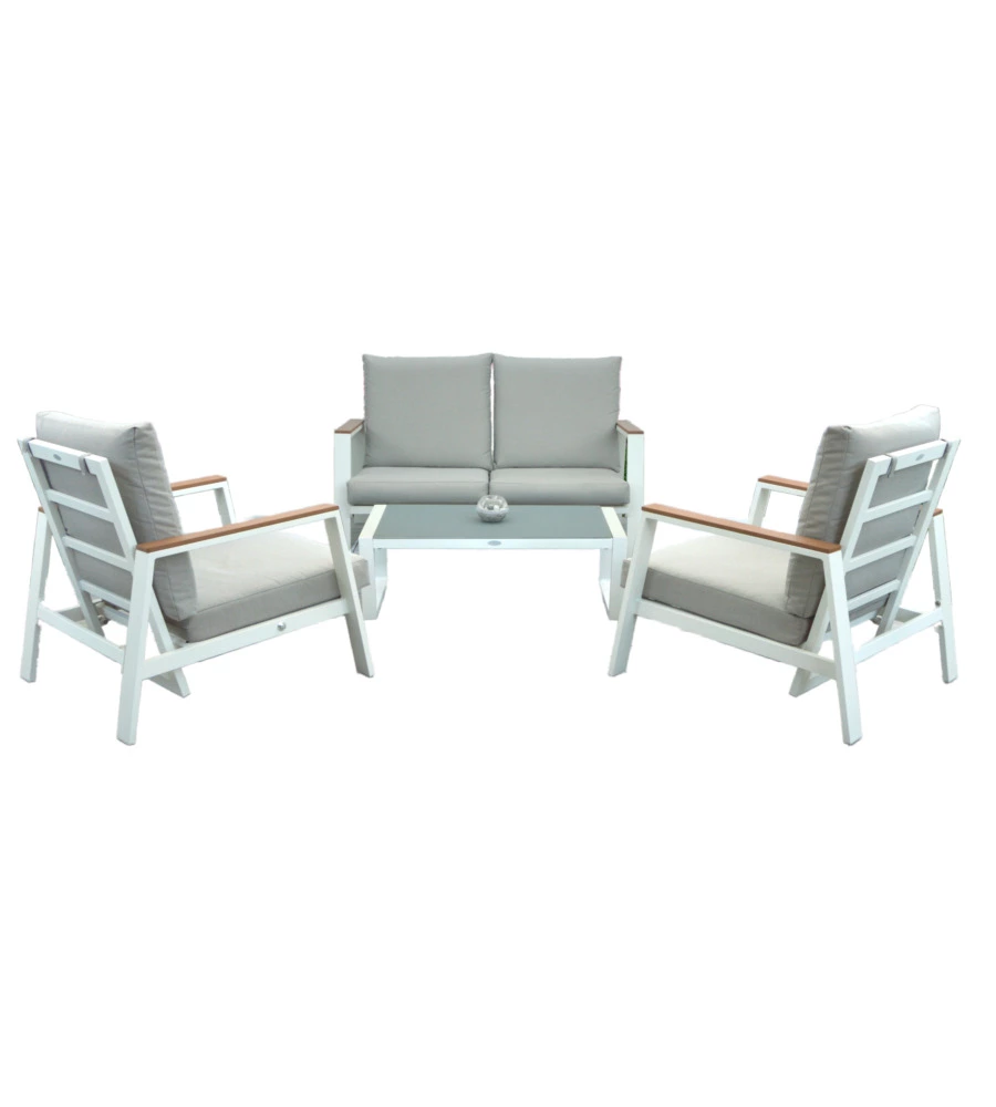 SET DA GIARDINO RIVIERA "NINFEA" IN ALLUMINIO COLORE BIANCO GRIGIO CHIARO, 4 SEDUTE E UN TAVOLINO