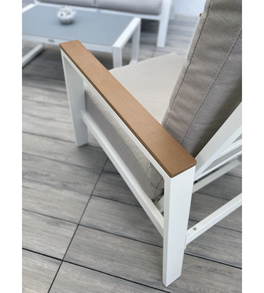 SET DA GIARDINO RIVIERA "NINFEA" IN ALLUMINIO COLORE BIANCO GRIGIO CHIARO, 4 SEDUTE E UN TAVOLINO
