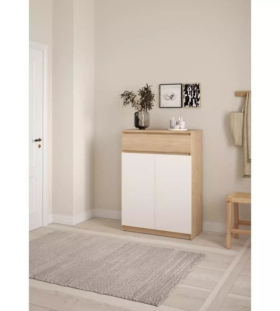SCARPIERA "NAIA" IN TRUCIOLARE MELAMINICO COLORE ROVERE E BIANCO CON DUE ANTE E UN CASSETTO, 80,4X40X111,3 CM.