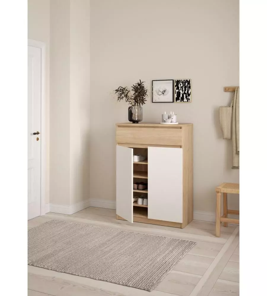 SCARPIERA "NAIA" IN TRUCIOLARE MELAMINICO COLORE ROVERE E BIANCO CON DUE ANTE E UN CASSETTO, 80,4X40X111,3 CM.
