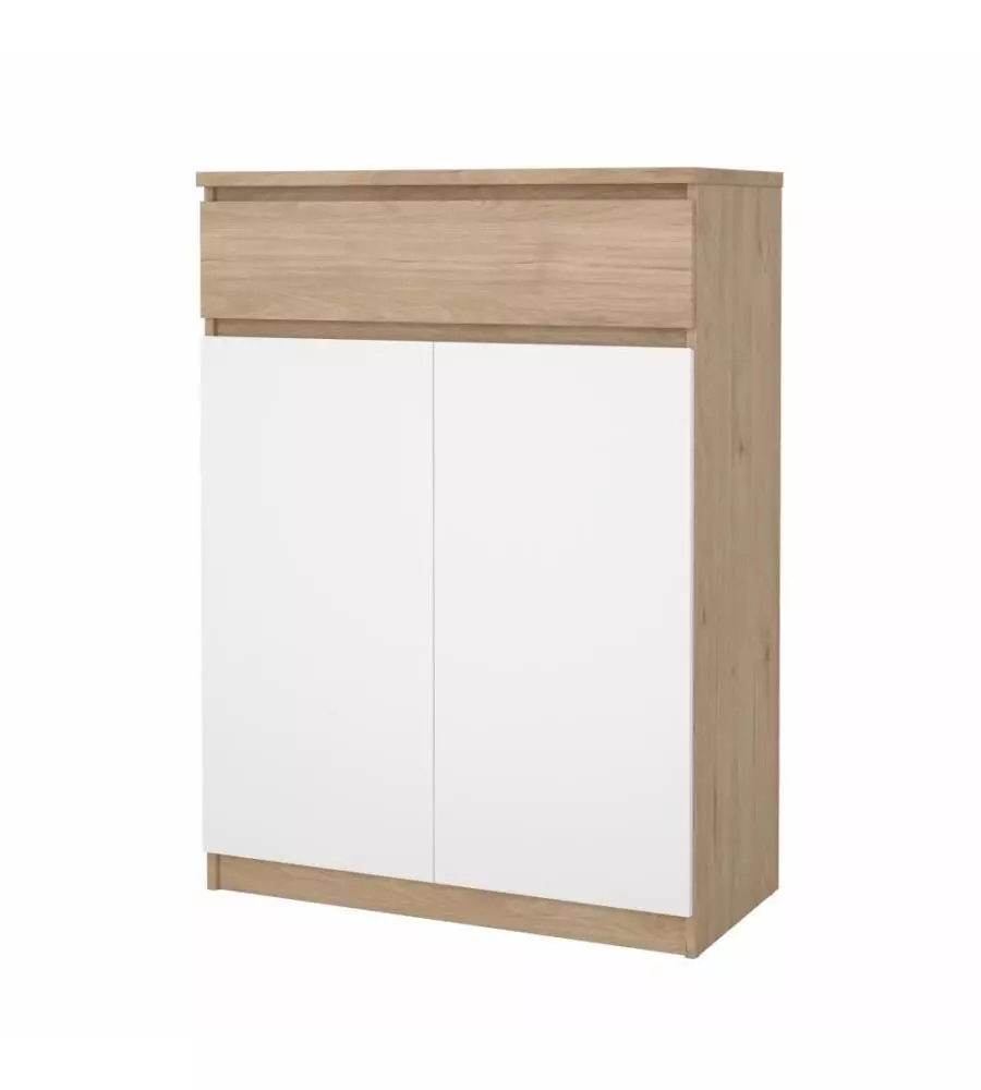 SCARPIERA "NAIA" IN TRUCIOLARE MELAMINICO COLORE ROVERE E BIANCO CON DUE ANTE E UN CASSETTO, 80,4X40X111,3 CM.
