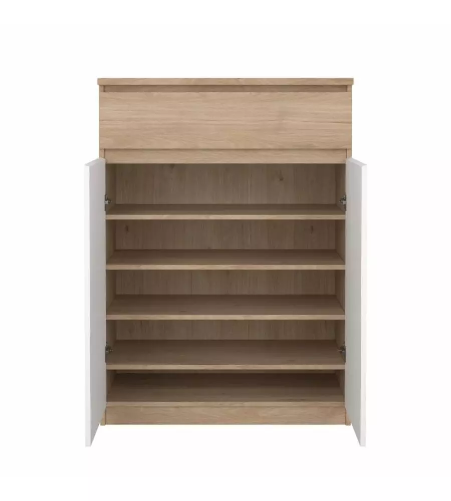 SCARPIERA "NAIA" IN TRUCIOLARE MELAMINICO COLORE ROVERE E BIANCO CON DUE ANTE E UN CASSETTO, 80,4X40X111,3 CM.