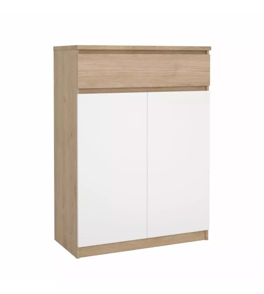 SCARPIERA "NAIA" IN TRUCIOLARE MELAMINICO COLORE ROVERE E BIANCO CON DUE ANTE E UN CASSETTO, 80,4X40X111,3 CM.