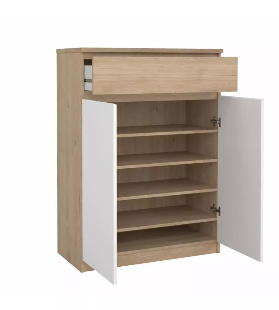 SCARPIERA "NAIA" IN TRUCIOLARE MELAMINICO COLORE ROVERE E BIANCO CON DUE ANTE E UN CASSETTO, 80,4X40X111,3 CM.