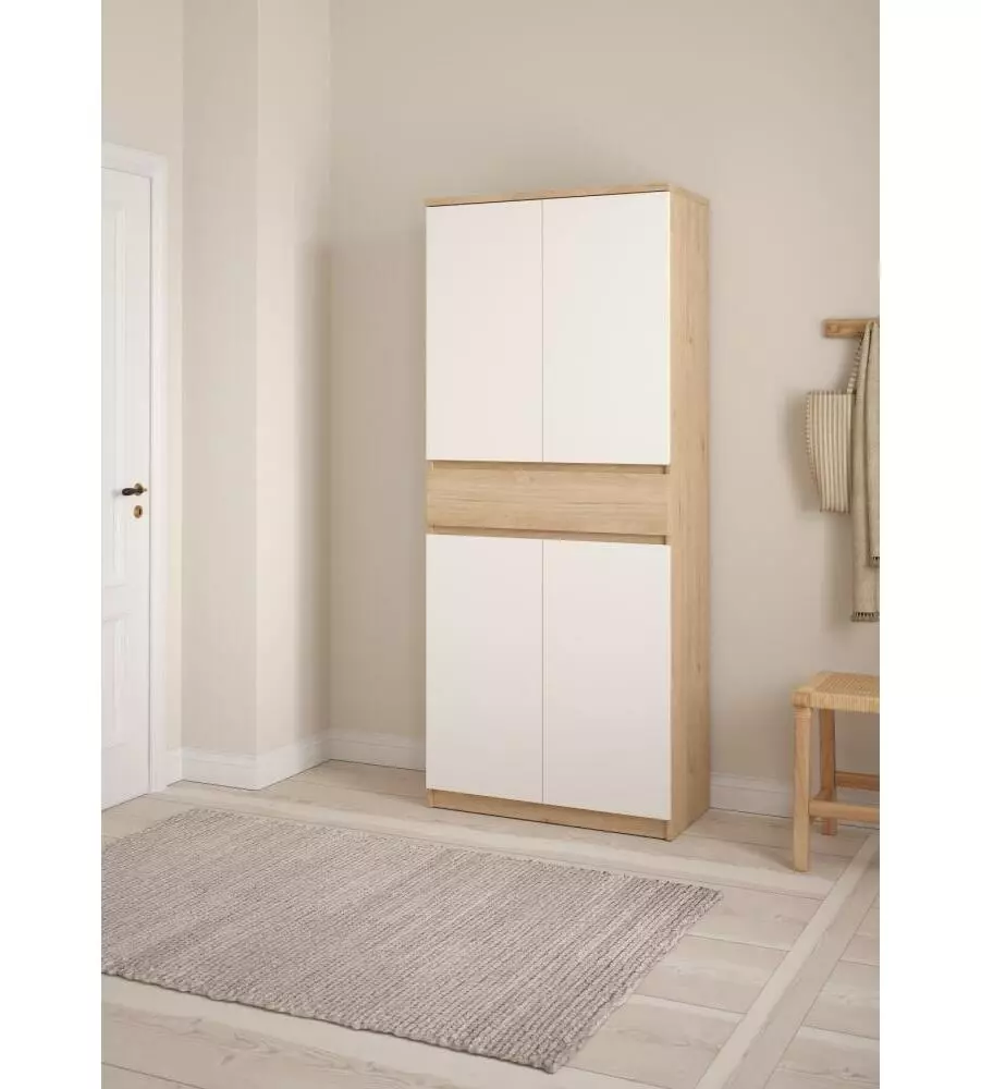 SCARPIERA "NAIA" IN TRUCIOLARE MELAMINICO COLORE ROVERE E BIANCO CON QUATTRO ANTE E UN CASSETTO, 80,4X40X191,7 CM