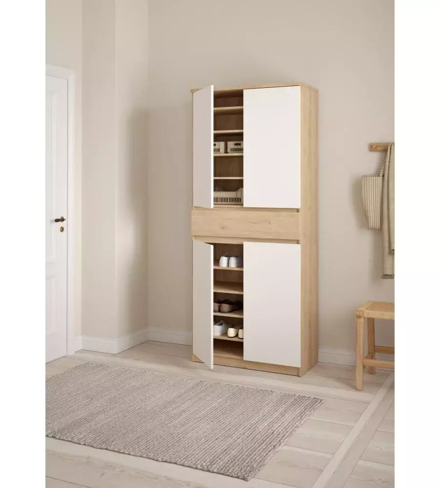 SCARPIERA "NAIA" IN TRUCIOLARE MELAMINICO COLORE ROVERE E BIANCO CON QUATTRO ANTE E UN CASSETTO, 80,4X40X191,7 CM