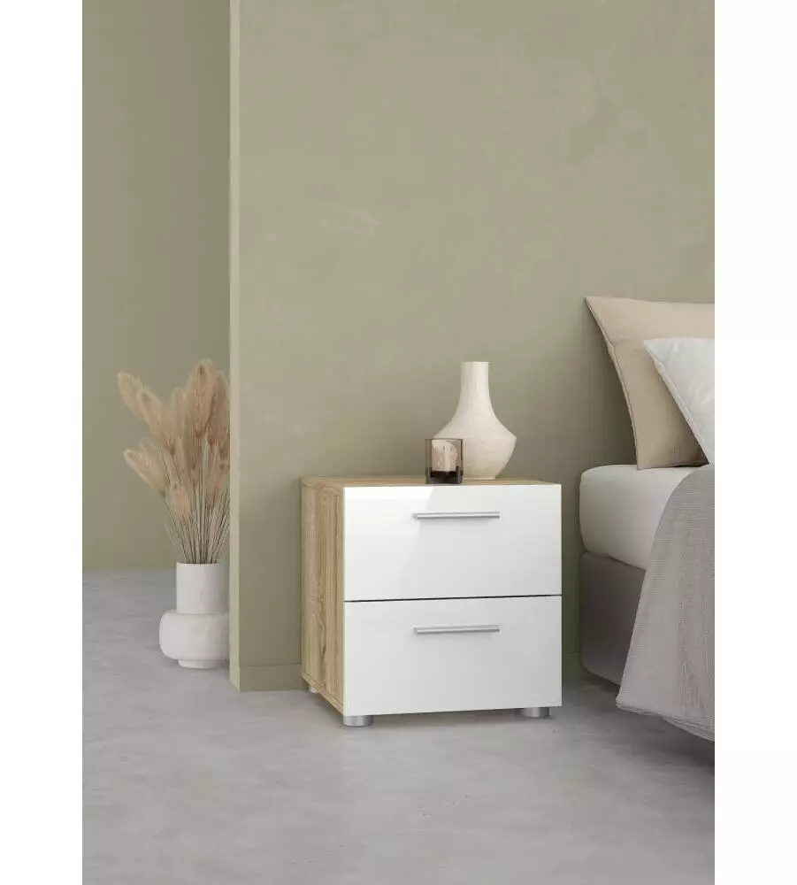 COMODINO 2 CASSETTI "PEPE" ROVERE E BIANCO LUCIDO 40X40,2X42,3 CM