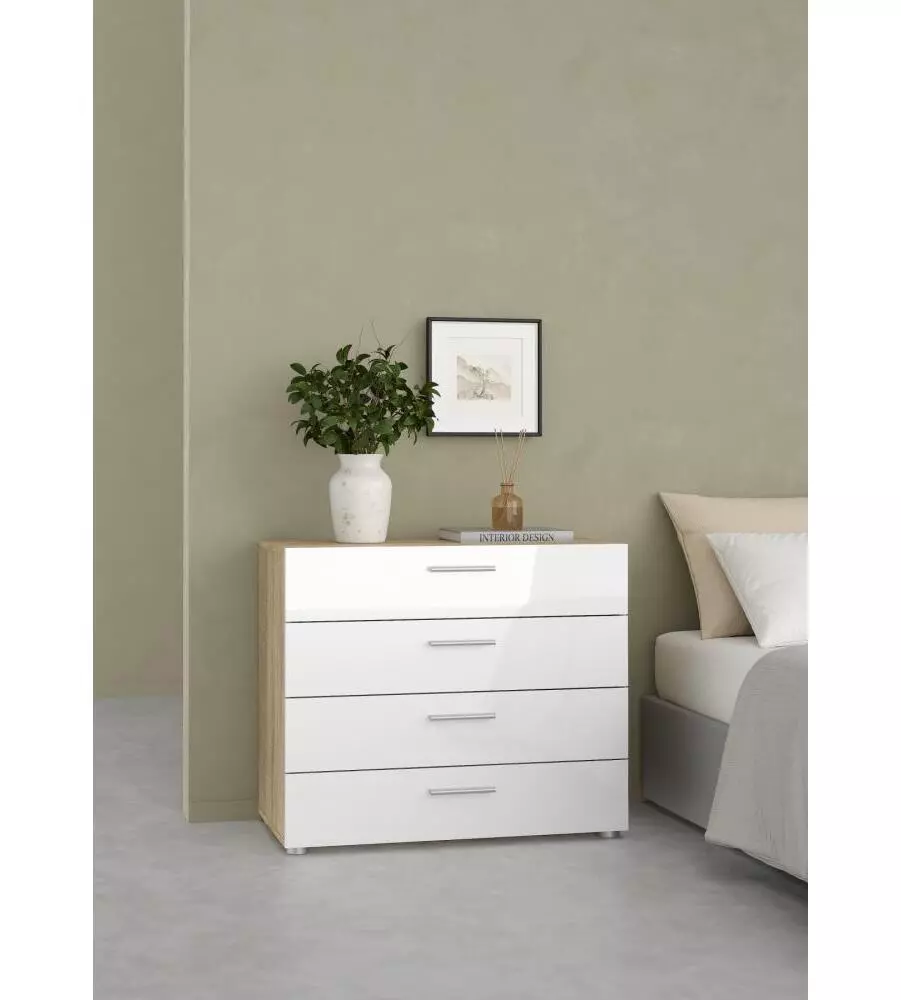 CASSETTIERA 4 CASSETTI "PEPE" ROVERE E BIANCO LUCIDO 80,2X40,2X68,2 CM