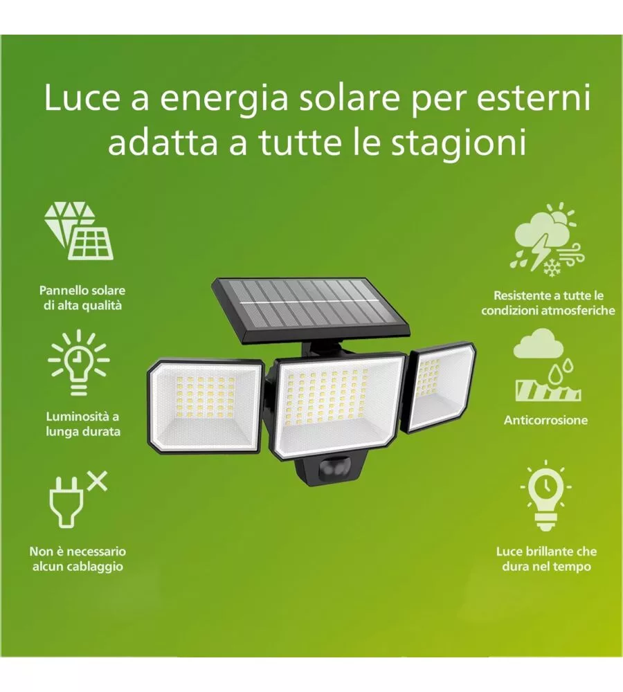 LUCE SOLARE DA ESTERNO CON 3 LED IN ALLUMINIO COLORE NERO, 8,7 W 2700 K