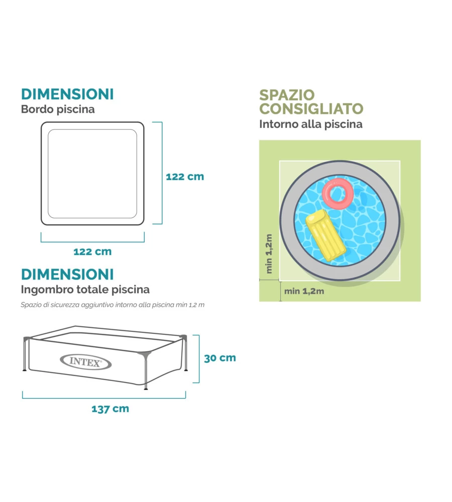 PISCINA FUORI TERRA CON STRUTTURA QUADRATA INTEX "MINI FRAME" BLU 122X122X30 CM I.4 - COD. 57173NP