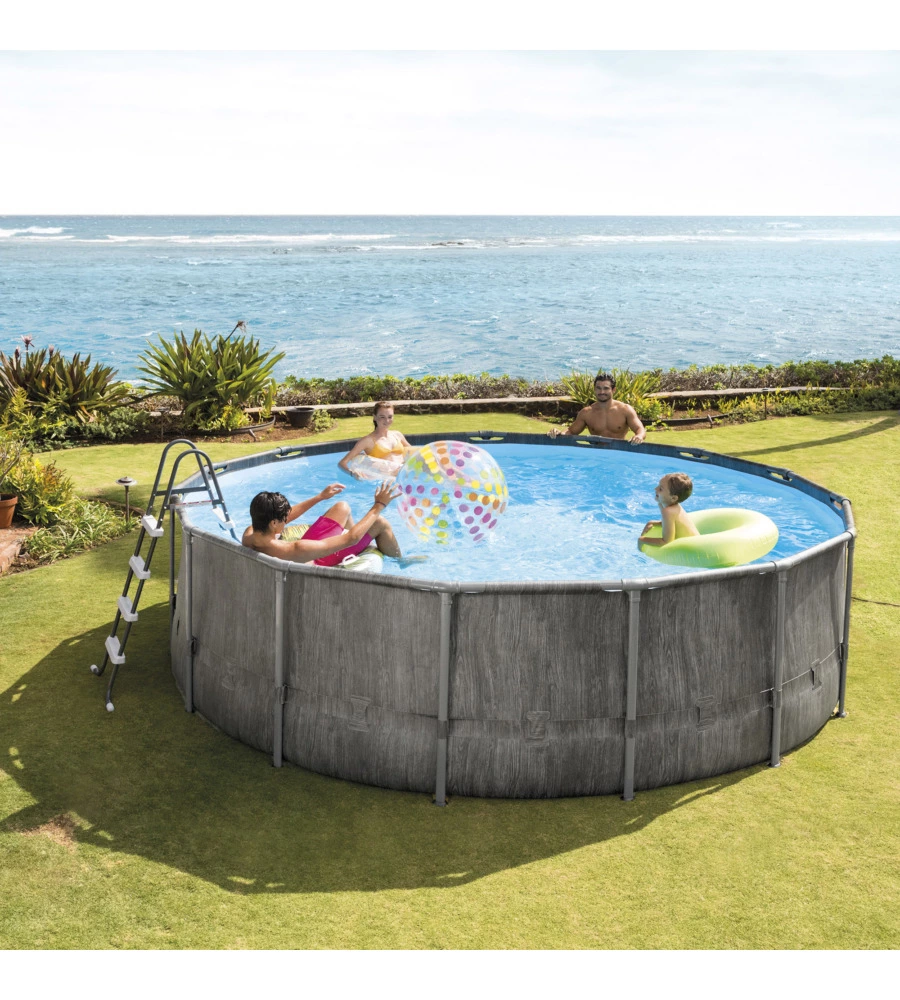 PISCINA FUORI TERRA CON STRUTTURA ROTONDA INTEX "PRISM GREYWOOD" POMPA FILTRO EFFETTO LEGNO GRIGIO 457X122 CM - COD. 26742NP