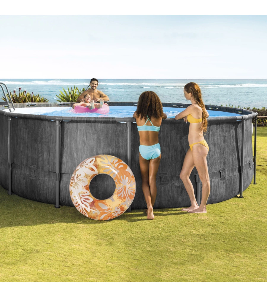 PISCINA FUORI TERRA CON STRUTTURA ROTONDA INTEX "PRISM GREYWOOD" POMPA FILTRO EFFETTO LEGNO GRIGIO 457X122 CM - COD. 26742NP