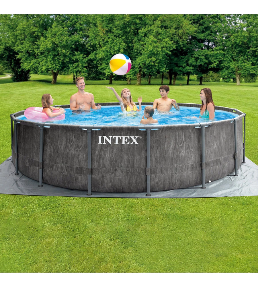PISCINA FUORI TERRA CON STRUTTURA ROTONDA INTEX "PRISM GREYWOOD" POMPA FILTRO EFFETTO LEGNO GRIGIO 457X122 CM - COD. 26742NP