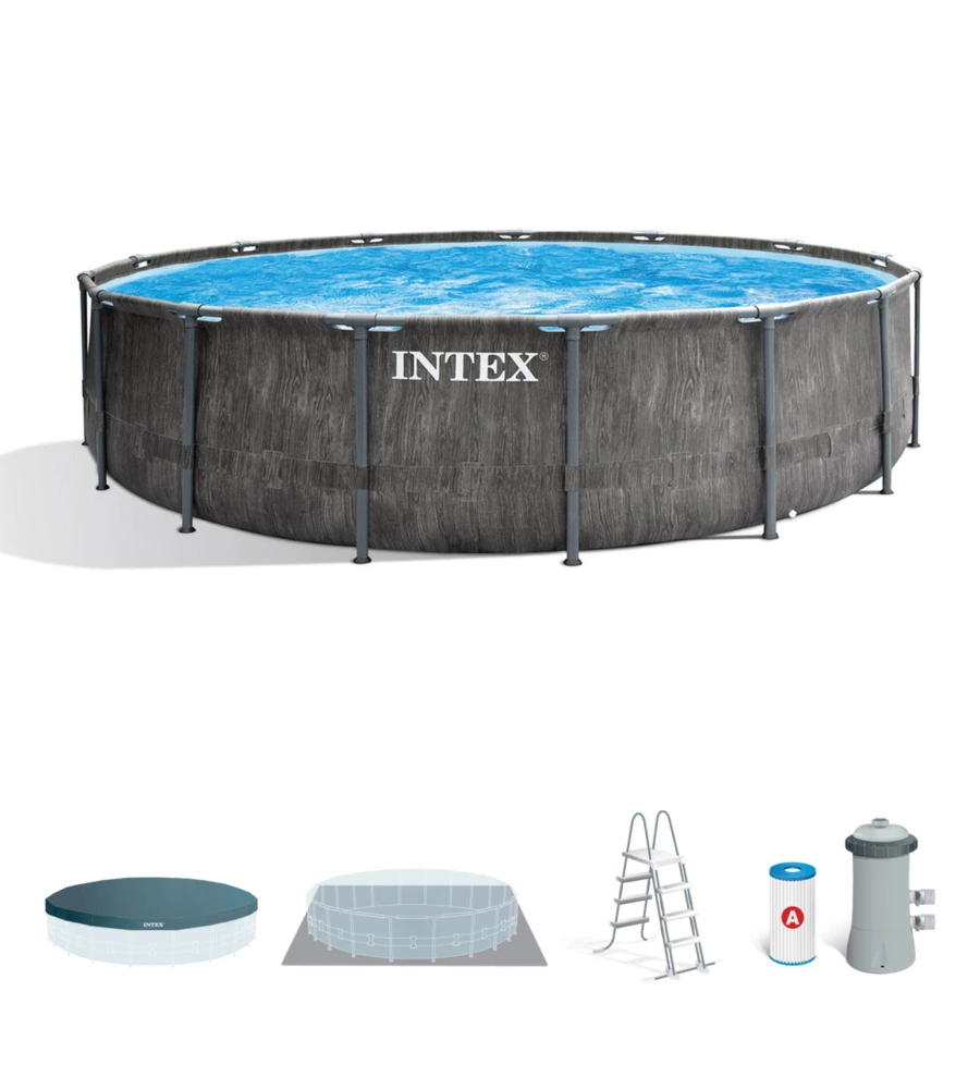 PISCINA FUORI TERRA CON STRUTTURA ROTONDA INTEX "PRISM GREYWOOD" POMPA FILTRO EFFETTO LEGNO GRIGIO 457X122 CM - COD. 26742NP