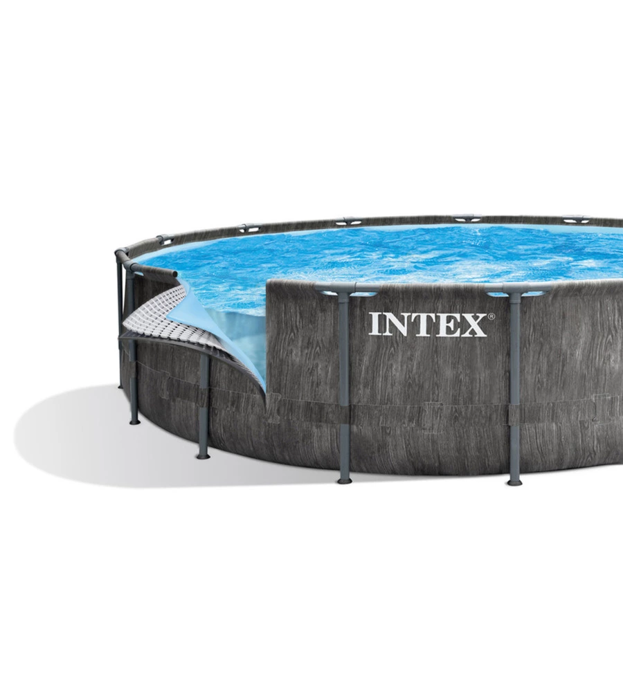 PISCINA FUORI TERRA CON STRUTTURA ROTONDA INTEX "PRISM GREYWOOD" POMPA FILTRO EFFETTO LEGNO GRIGIO 457X122 CM - COD. 26742NP