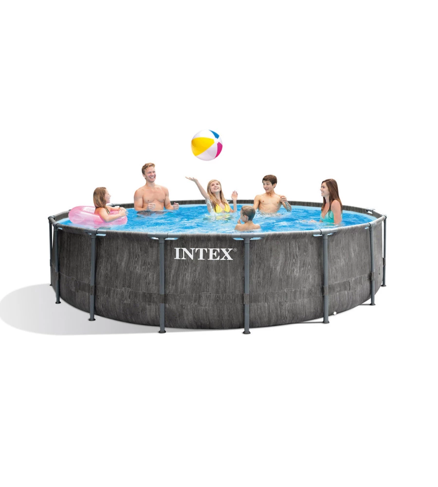 PISCINA FUORI TERRA CON STRUTTURA ROTONDA INTEX "PRISM GREYWOOD" POMPA FILTRO EFFETTO LEGNO GRIGIO 457X122 CM - COD. 26742NP