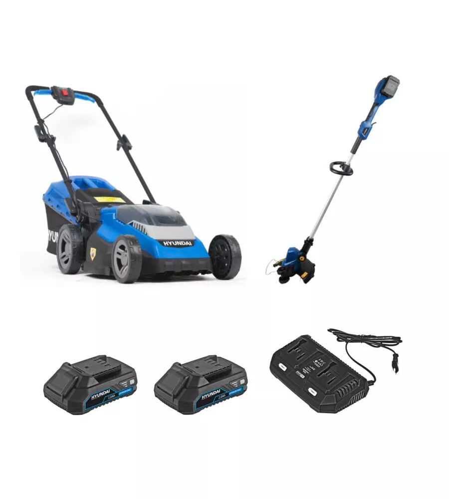 KIT MACCHINE BRUSHLESS 40V HYUNDAI TAGLIAERBA, DECESPUGLIATORE, 2 BATTERIE E CARICABATTERIE DOPPIO RAPIDO
