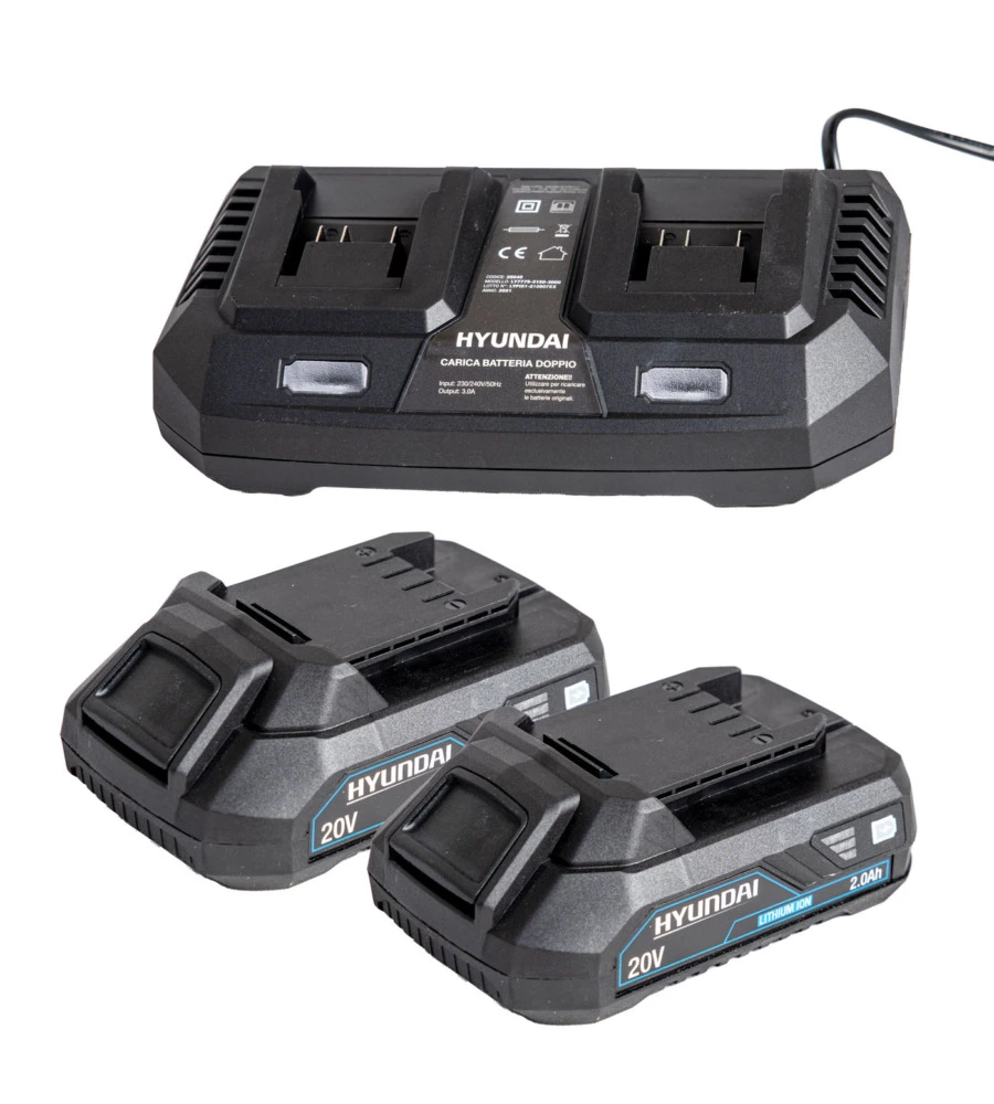 KIT MACCHINE BRUSHLESS 40V HYUNDAI TAGLIAERBA, DECESPUGLIATORE, 2 BATTERIE E CARICABATTERIE DOPPIO RAPIDO